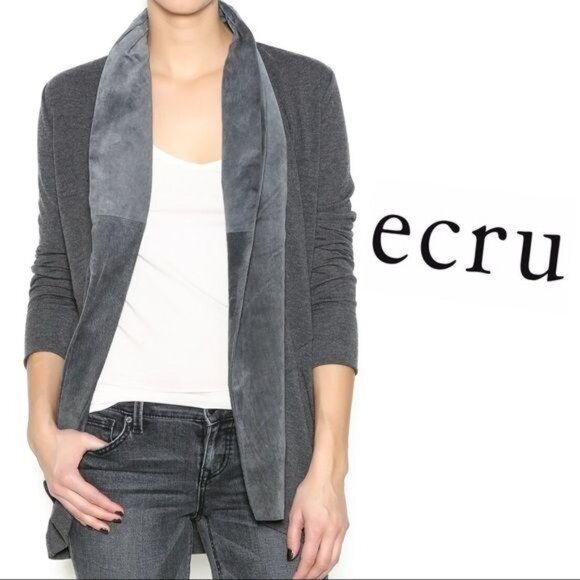 Ecru Medium Suede Trim Cardigan Gray Open Sweater Leather Long Sleeve Top - Picture 1 of 8